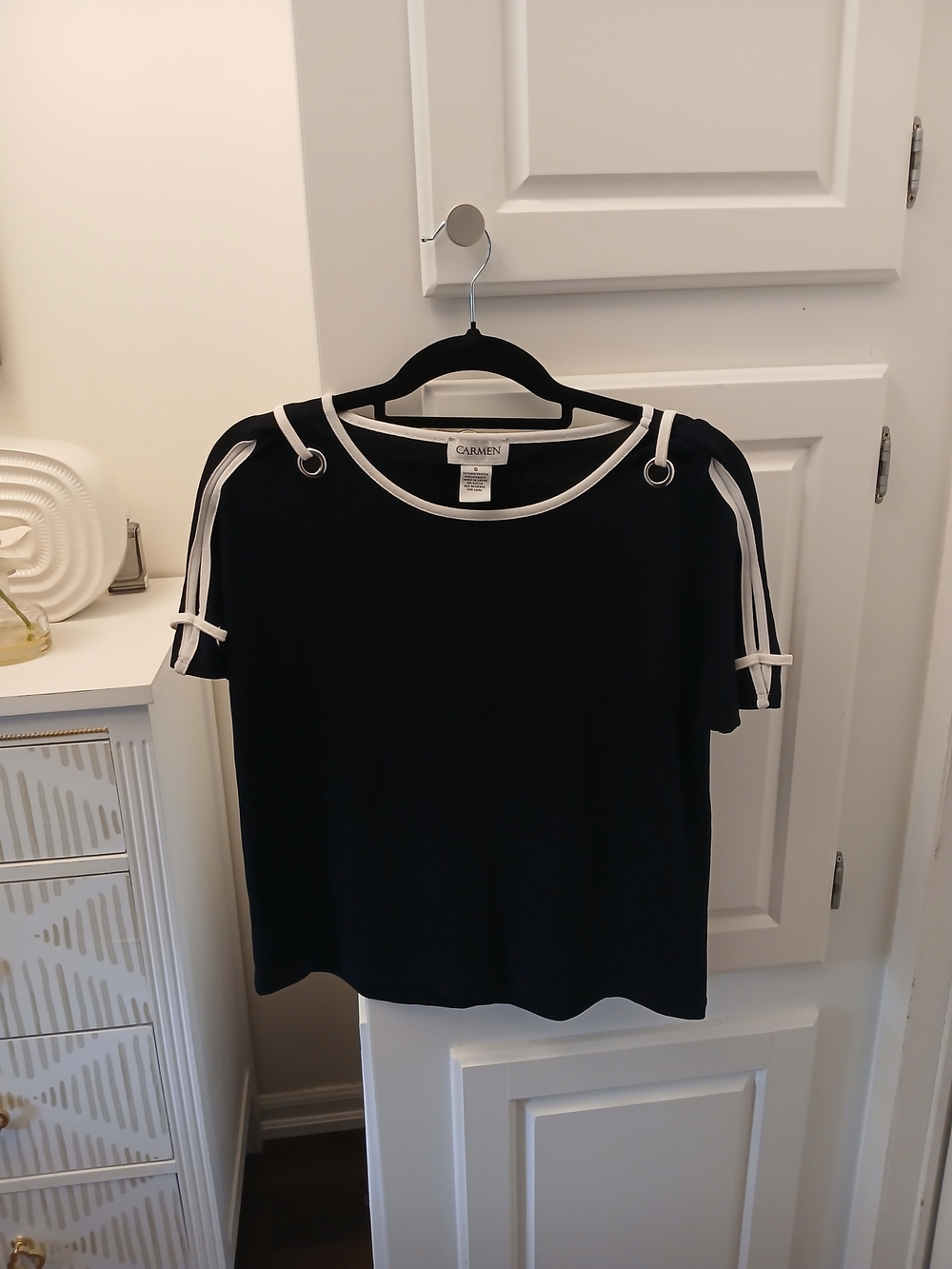Navy Short Sleeve Top with White Trim